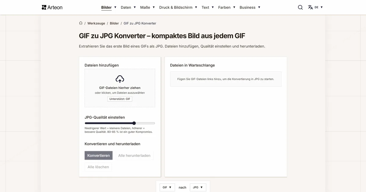 Screenshot des kostenlosen Arteon-Werkzeugs: GIF zu JPG Konverter – kompaktes Bild aus jedem GIF