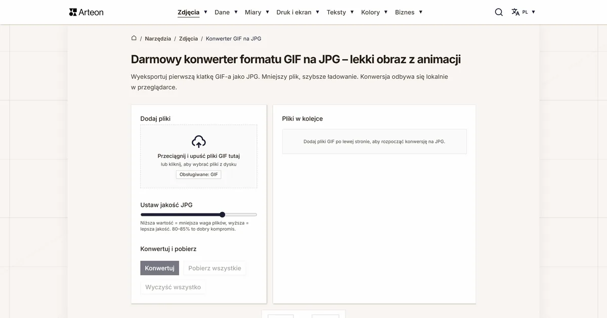 Zrzut ekranu darmowego narzędzia Arteon: Darmowy konwerter formatu GIF na JPG – lekki obraz z animacji