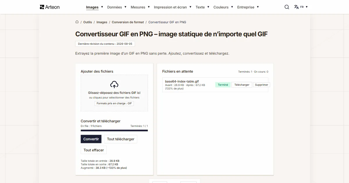 Capture d'écran de l'outil gratuit d'Arteon: Convertisseur GIF en PNG – image statique de n’importe quel GIF