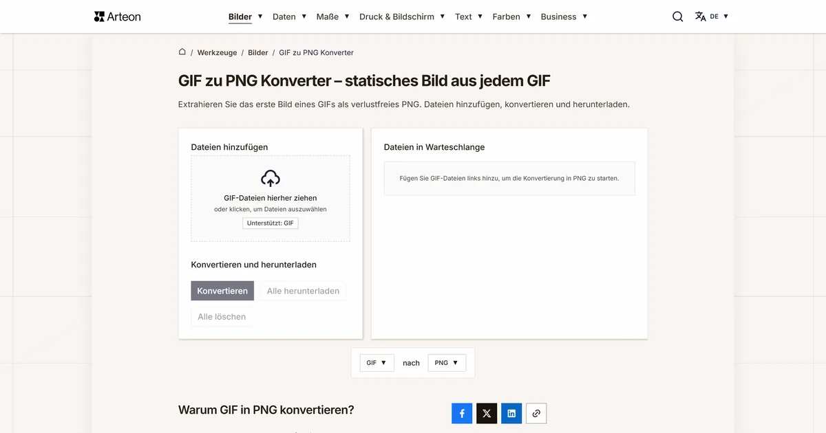 Screenshot des kostenlosen Arteon-Werkzeugs: GIF zu PNG Konverter – statisches Bild aus jedem GIF