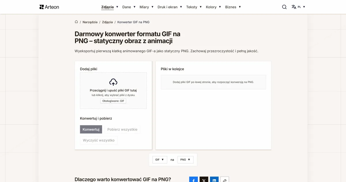Zrzut ekranu darmowego narzędzia Arteon: Darmowy konwerter formatu GIF na PNG – statyczny obraz z animacji