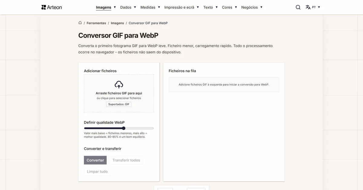 Captura de ecrã da ferramenta gratuita da Arteon: Conversor GIF para WebP