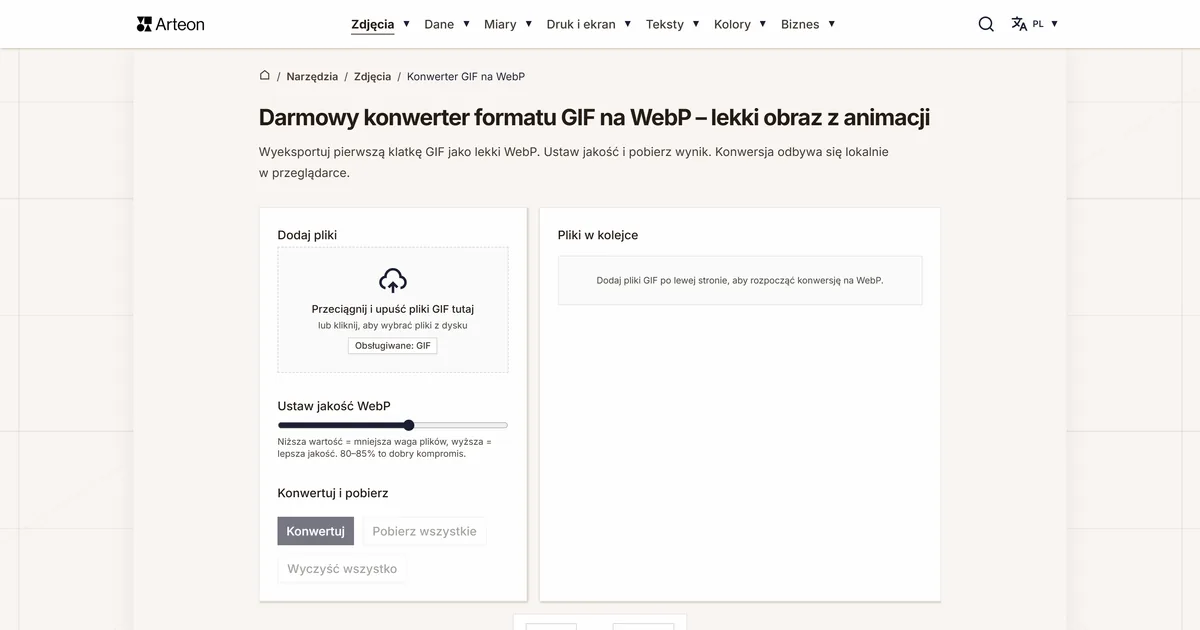 Zrzut ekranu darmowego narzędzia Arteon: Darmowy konwerter formatu GIF na WebP – lekki obraz z animacji