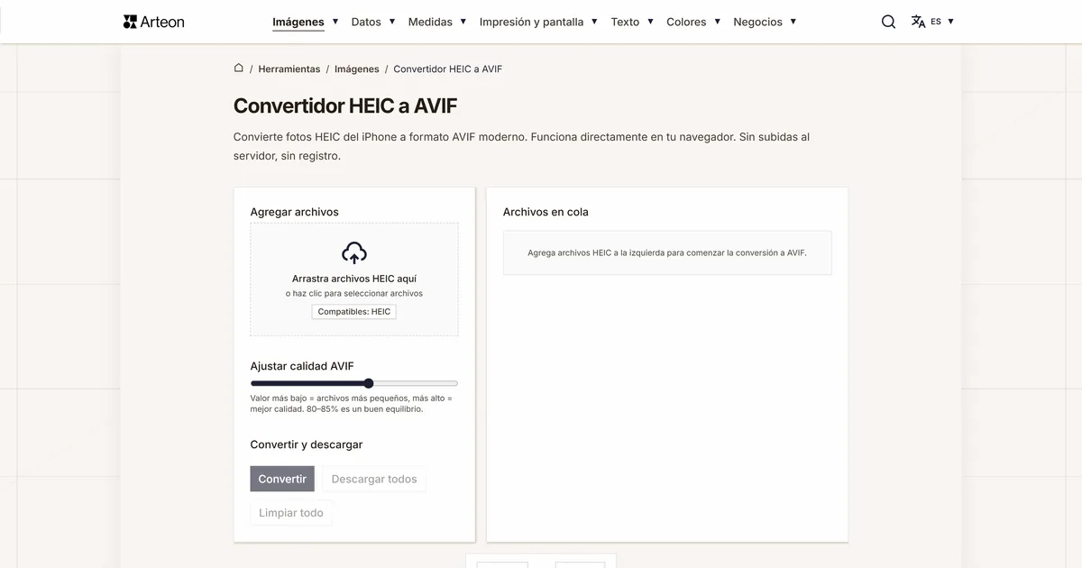 Captura de pantalla de la herramienta gratuita de Arteon: Convertidor HEIC a AVIF