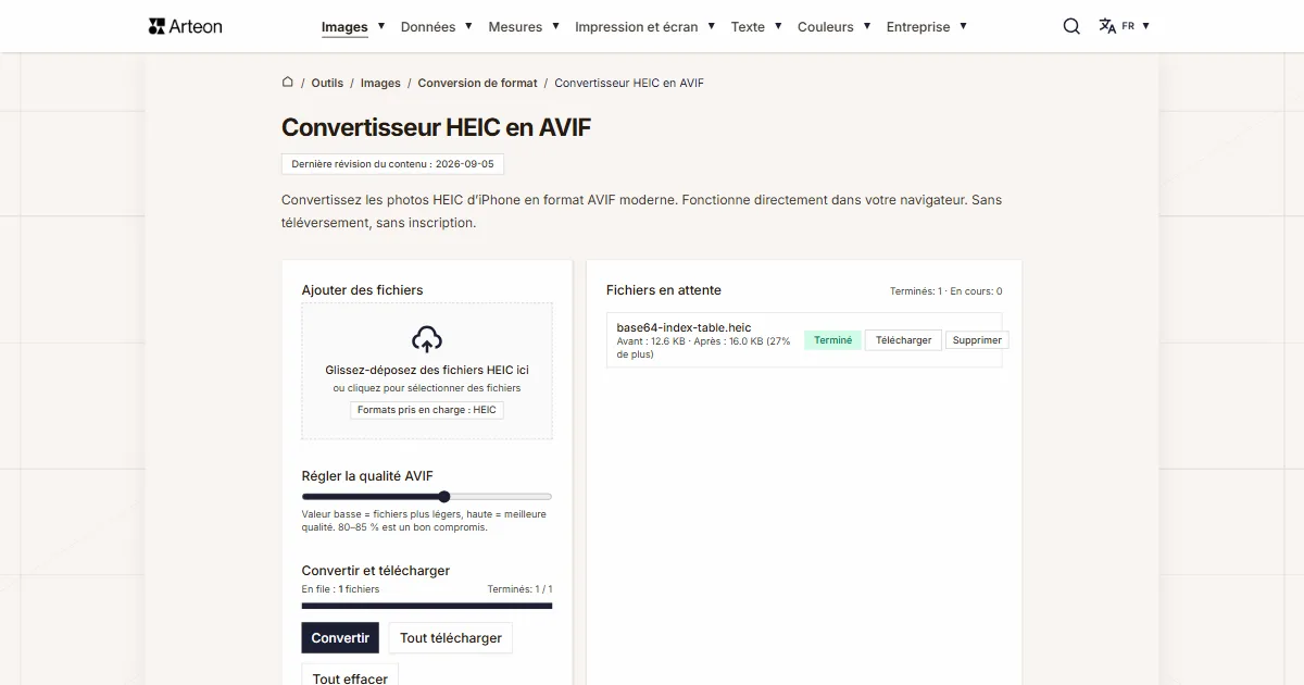 Capture d'écran de l'outil gratuit d'Arteon: Convertisseur HEIC en AVIF