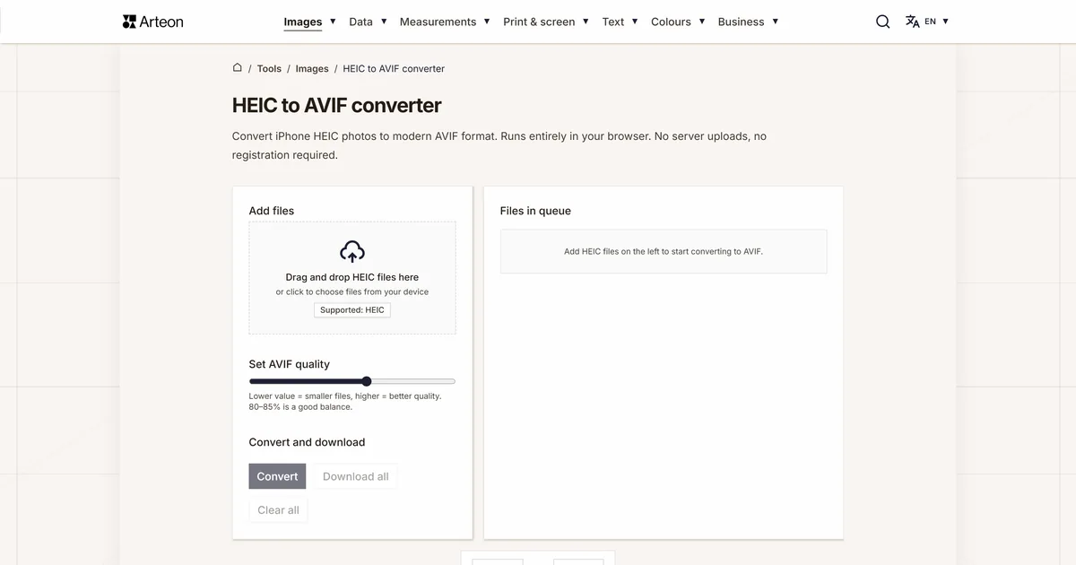 Arteon free tool screenshot: HEIC to AVIF converter