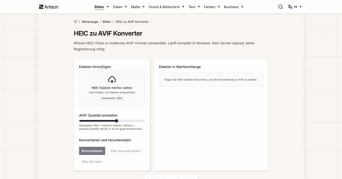 Screenshot des kostenlosen Arteon-Werkzeugs: HEIC zu AVIF Konverter