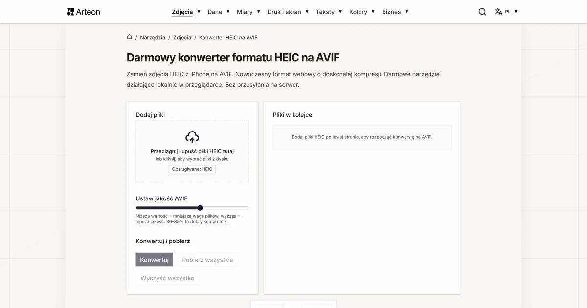 Zrzut ekranu darmowego narzędzia Arteon: Darmowy konwerter formatu HEIC na AVIF