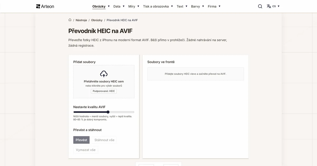 Snímek obrazovky bezplatného nástroje Arteon: Převodník HEIC na AVIF
