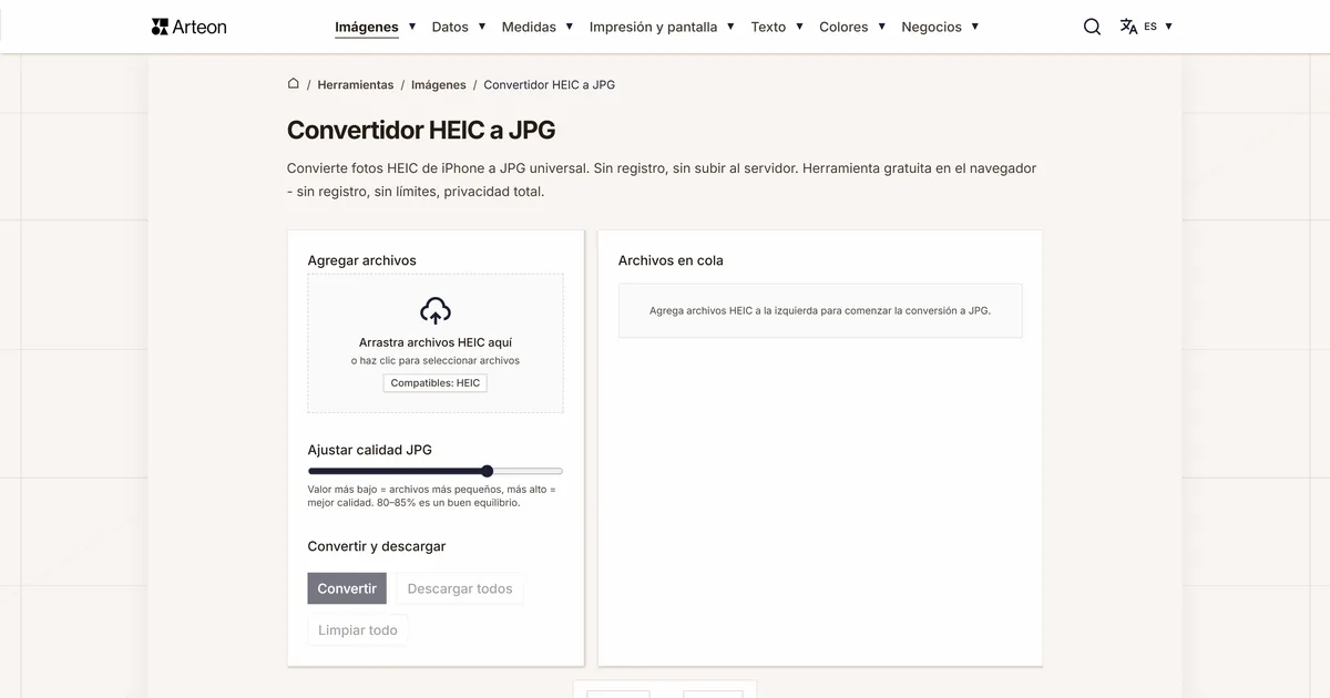 Captura de pantalla de la herramienta gratuita de Arteon: Convertidor HEIC a JPG