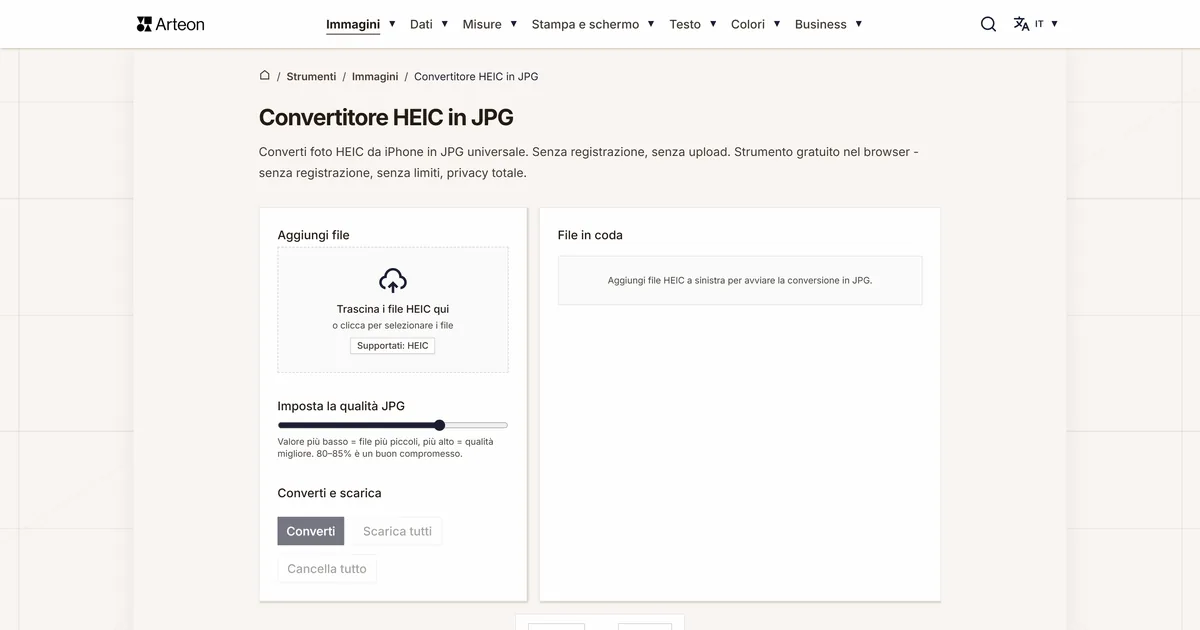 Screenshot dello strumento gratuito Arteon: Convertitore HEIC in JPG