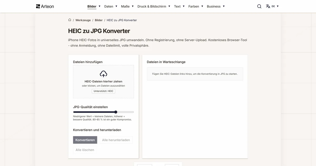 Screenshot des kostenlosen Arteon-Werkzeugs: HEIC zu JPG Konverter