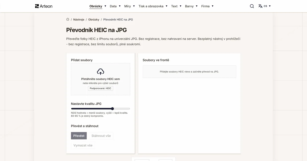 Snímek obrazovky bezplatného nástroje Arteon: Převodník HEIC na JPG