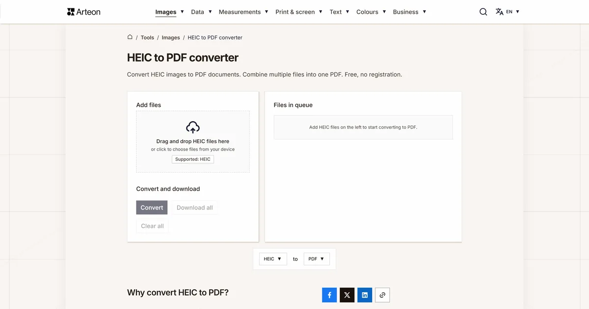 Arteon free tool screenshot: HEIC to PDF converter