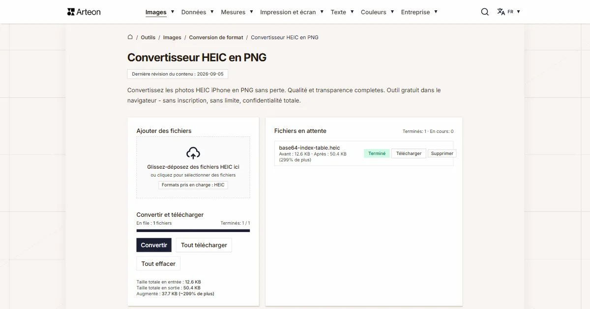 Capture d'écran de l'outil gratuit d'Arteon: Convertisseur HEIC en PNG