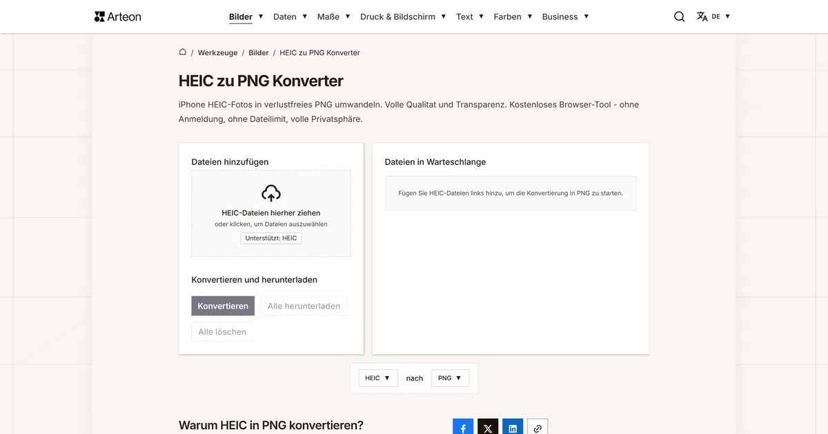 Screenshot des kostenlosen Arteon-Werkzeugs: HEIC zu PNG Konverter