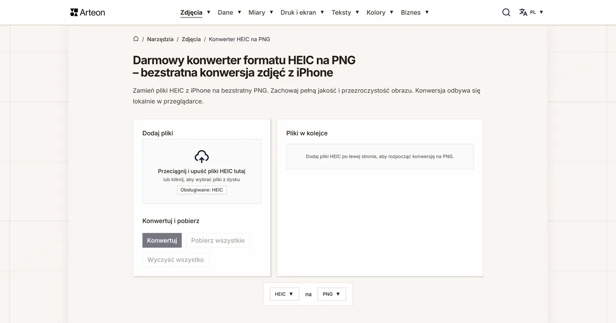 Zrzut ekranu darmowego narzędzia Arteon: Darmowy konwerter formatu HEIC na PNG – bezstratna konwersja zdjęć z iPhone