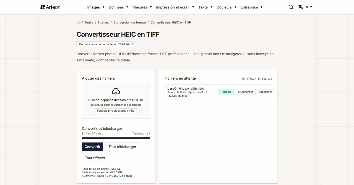 Capture d'écran de l'outil gratuit d'Arteon: Convertisseur HEIC en TIFF