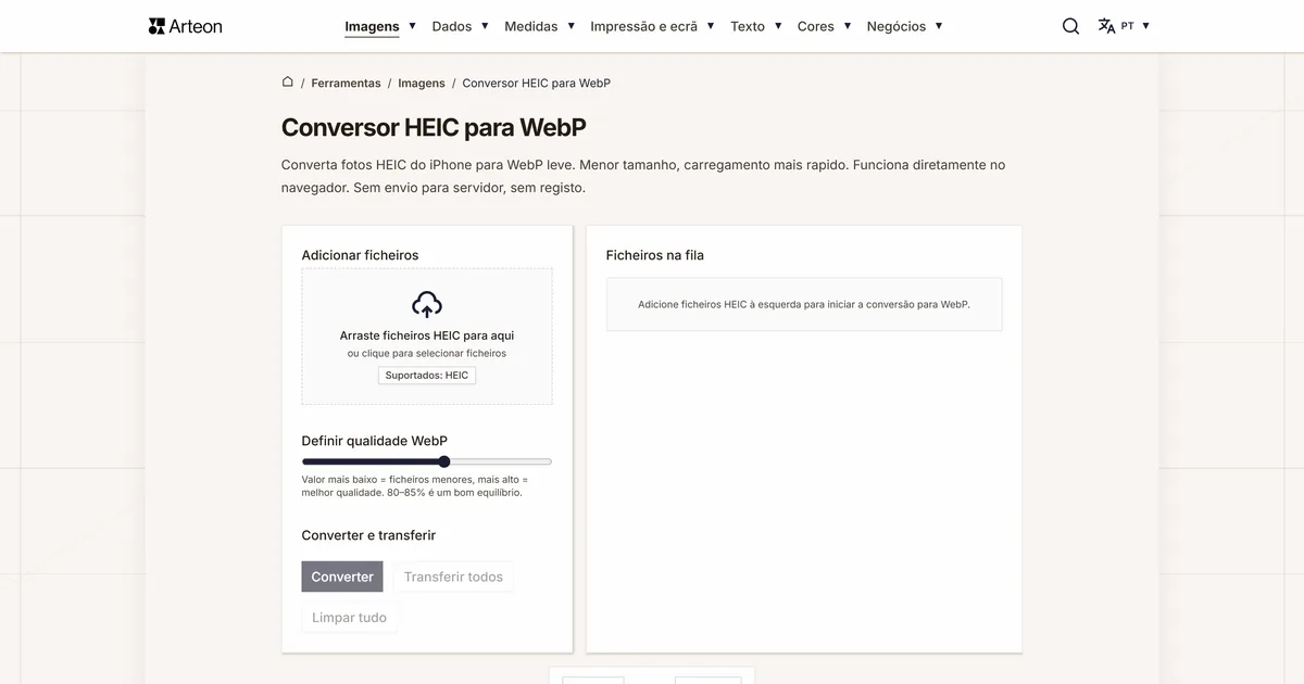 Captura de ecrã da ferramenta gratuita da Arteon: Conversor HEIC para WebP