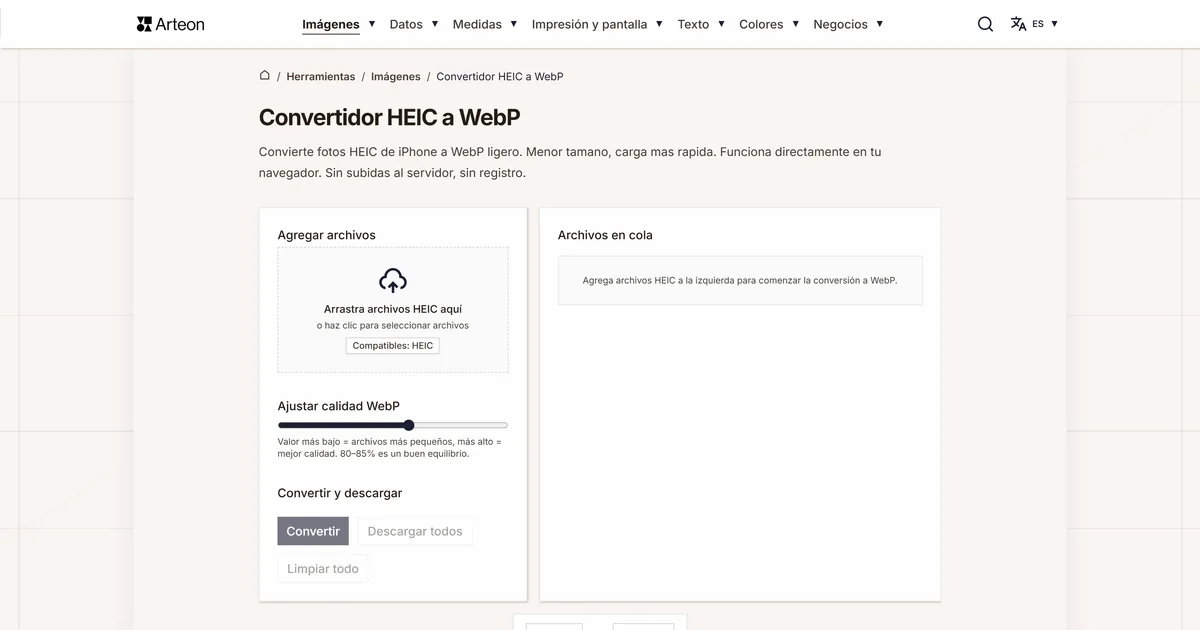Captura de pantalla de la herramienta gratuita de Arteon: Convertidor HEIC a WebP