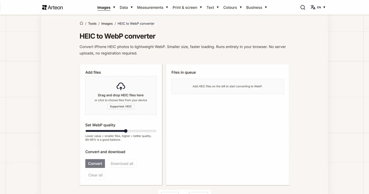 Arteon free tool screenshot: HEIC to WebP converter
