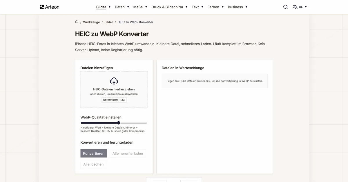 Screenshot des kostenlosen Arteon-Werkzeugs: HEIC zu WebP Konverter