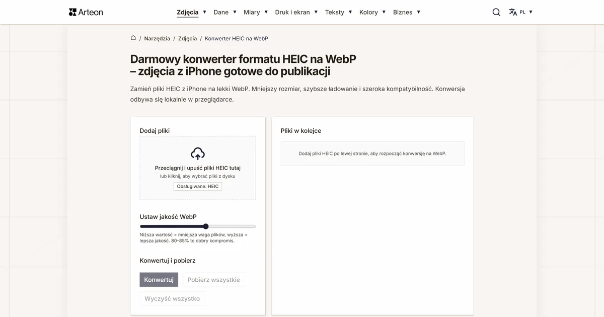 Zrzut ekranu darmowego narzędzia Arteon: Darmowy konwerter formatu HEIC na WebP – zdjęcia z iPhone gotowe do publikacji