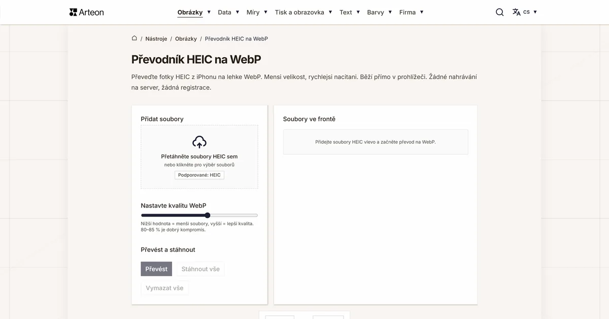 Snímek obrazovky bezplatného nástroje Arteon: Převodník HEIC na WebP