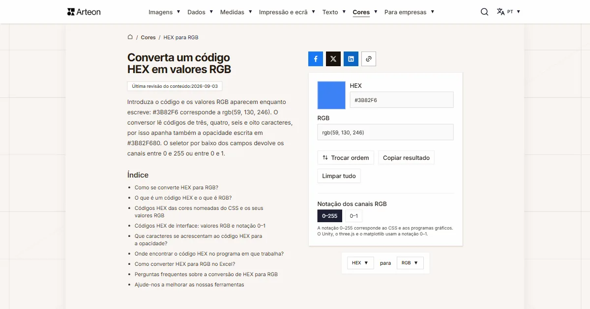 Captura de ecrã da ferramenta gratuita da Arteon: Converta um código HEX em valores RGB