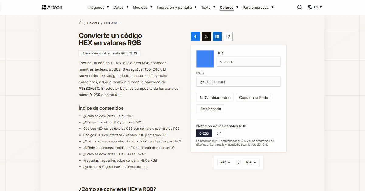 Captura de pantalla de la herramienta gratuita de Arteon: Convierte un código HEX en valores RGB