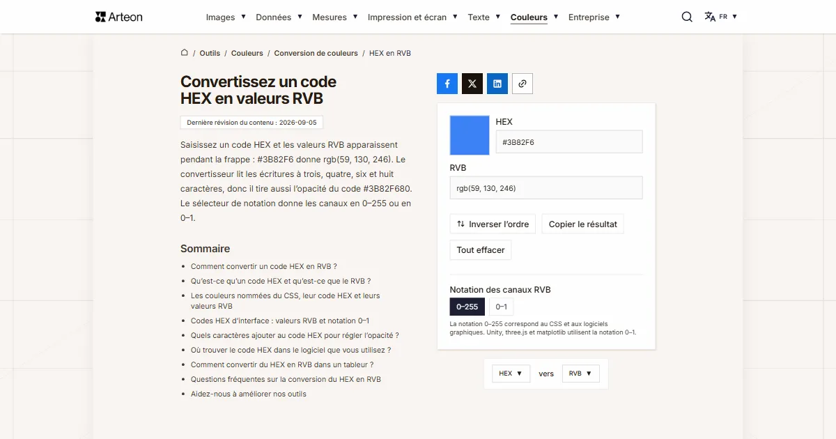 Capture d'écran de l'outil gratuit d'Arteon: Convertissez un code HEX en valeurs RVB