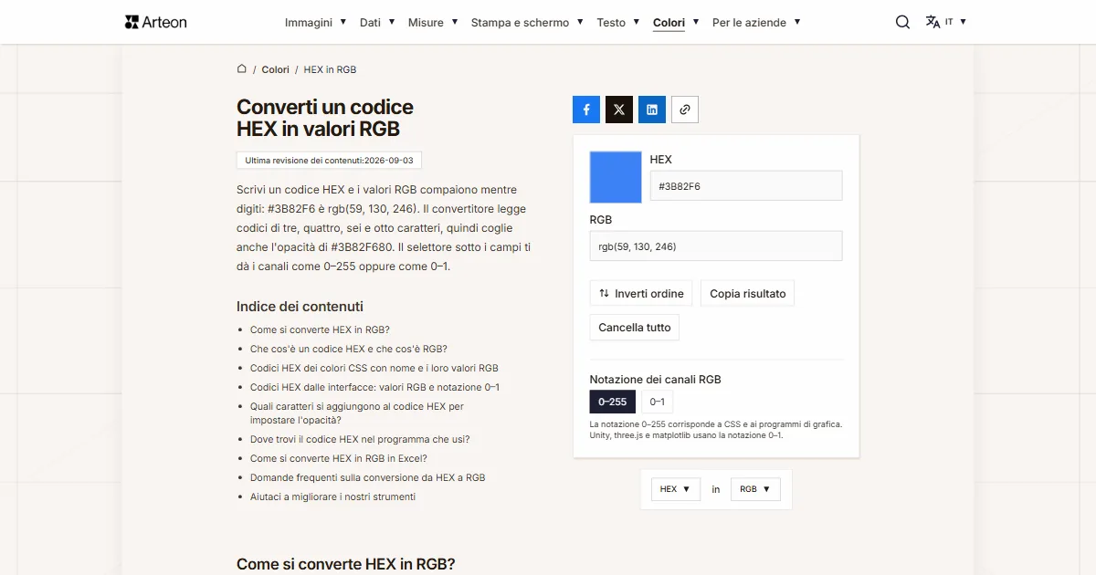 Screenshot dello strumento gratuito Arteon: Converti un codice HEX in valori RGB