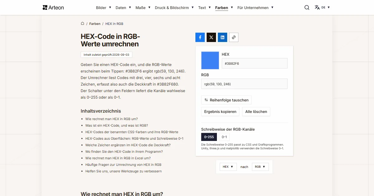 Screenshot des kostenlosen Arteon-Werkzeugs: HEX-Code in RGB-Werte umrechnen