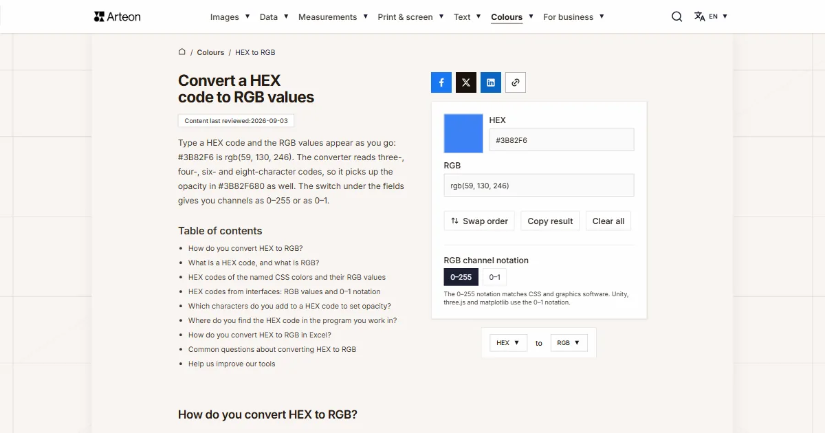 Arteon free tool screenshot: Convert a HEX code to RGB values