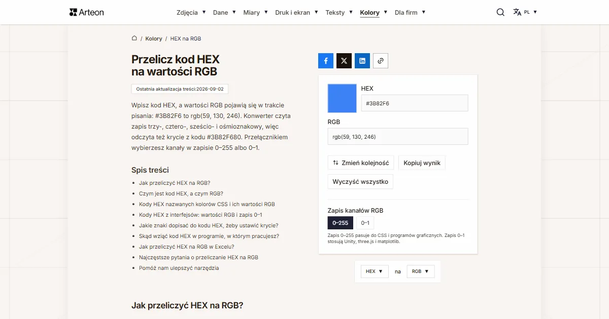 Zrzut ekranu darmowego narzędzia Arteon: Przelicz kod HEX na wartości RGB