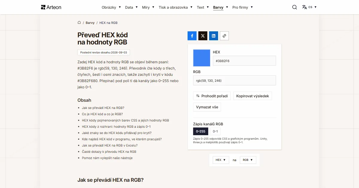Snímek obrazovky bezplatného nástroje Arteon: Převeď HEX kód na hodnoty RGB
