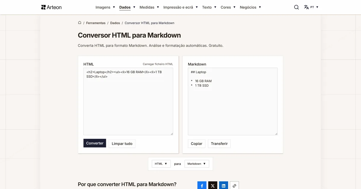Captura de ecrã da ferramenta gratuita da Arteon: Conversor HTML para Markdown