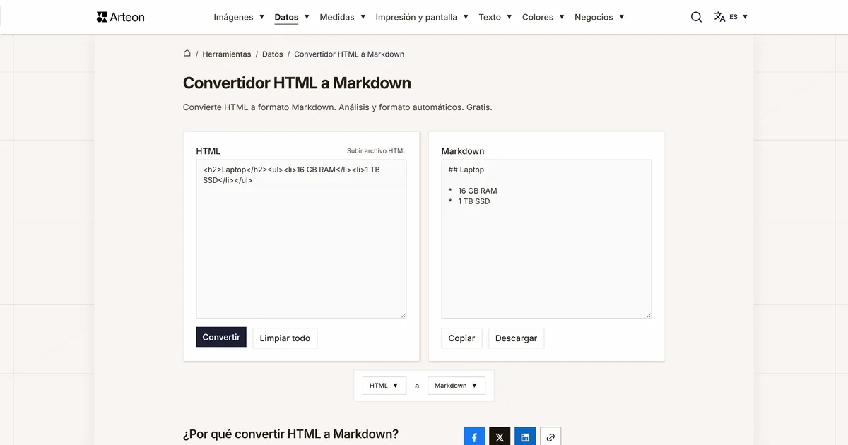 Captura de pantalla de la herramienta gratuita de Arteon: Convertidor HTML a Markdown
