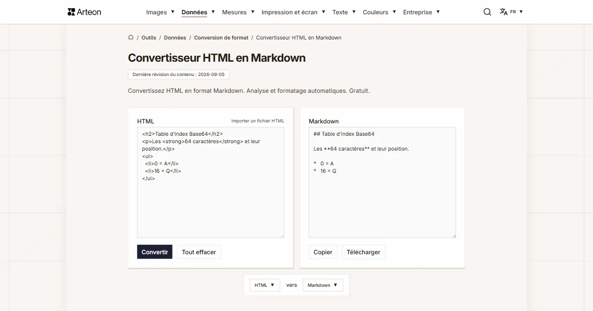 Capture d'écran de l'outil gratuit d'Arteon: Convertisseur HTML en Markdown