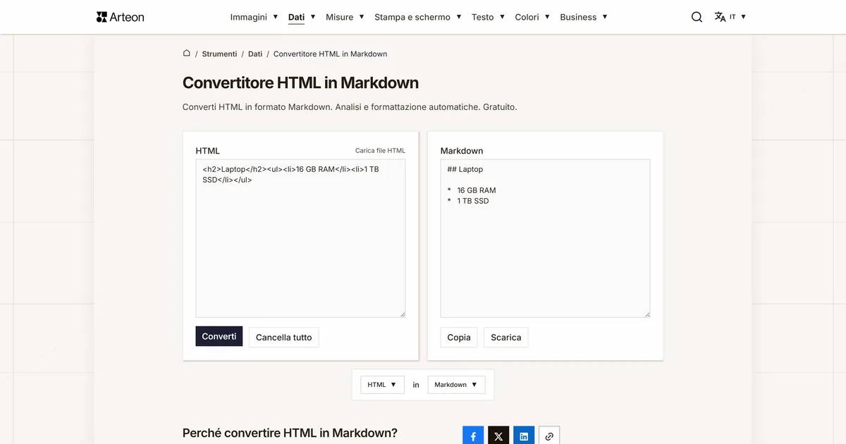 Screenshot dello strumento gratuito Arteon: Convertitore HTML in Markdown