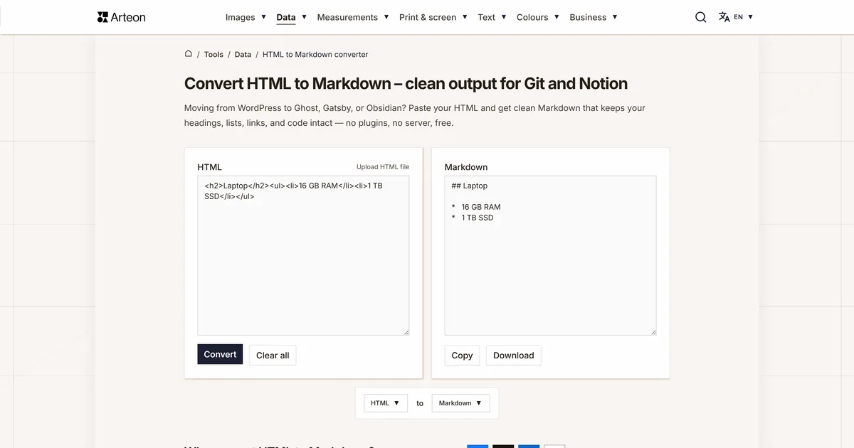 Arteon free tool screenshot: Convert HTML to Markdown – clean output for Git and Notion