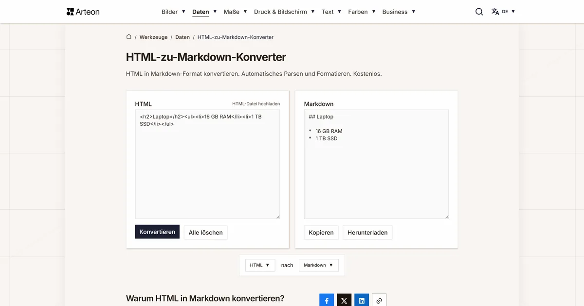 Screenshot des kostenlosen Arteon-Werkzeugs: HTML-zu-Markdown-Konverter