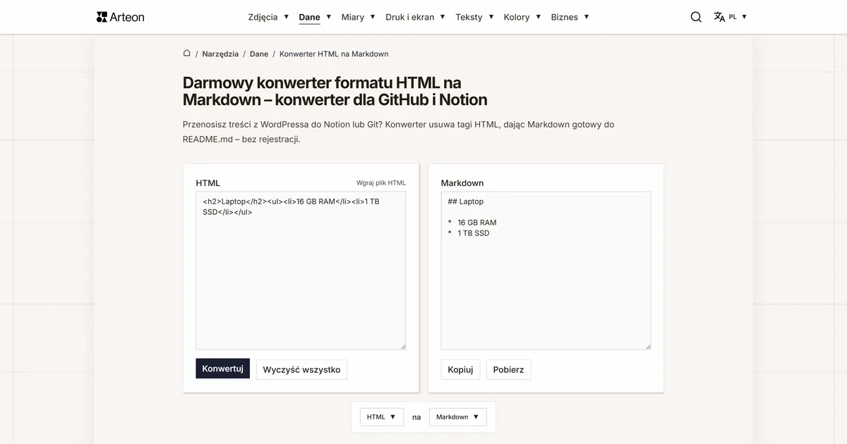 Zrzut ekranu darmowego narzędzia Arteon: Darmowy konwerter formatu HTML na Markdown – konwerter dla GitHub i Notion