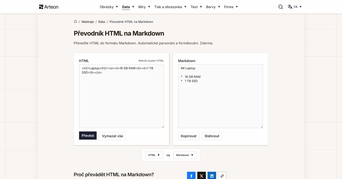 Snímek obrazovky bezplatného nástroje Arteon: Převodník HTML na Markdown