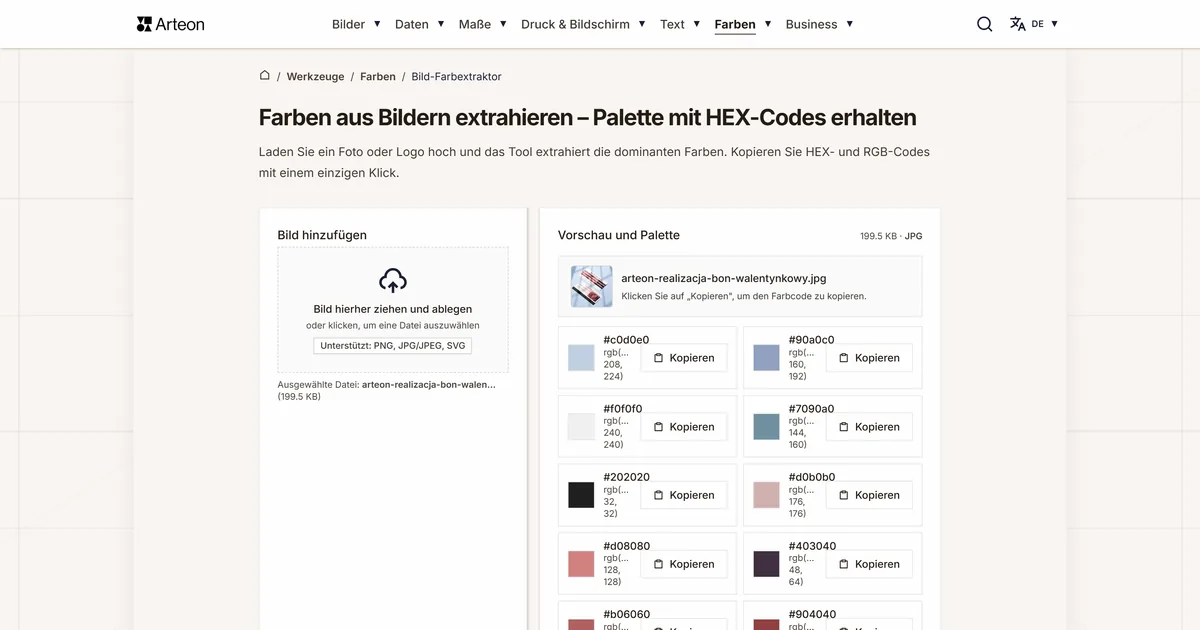 Screenshot des kostenlosen Arteon-Werkzeugs: Farben aus Bildern extrahieren – Palette mit HEX-Codes erhalten