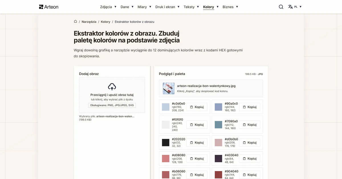 Zrzut ekranu darmowego narzędzia Arteon: Ekstraktor kolorów z obrazu. Zbuduj paletę kolorów na podstawie zdjęcia