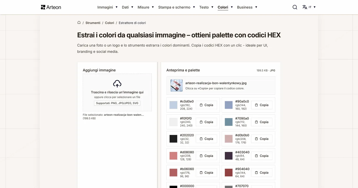 Screenshot dello strumento gratuito Arteon: Estrai i colori da qualsiasi immagine – ottieni palette con codici HEX