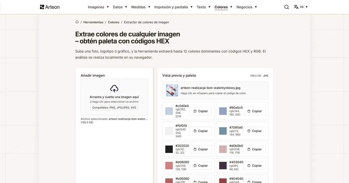 Captura de pantalla de la herramienta gratuita de Arteon: Extrae colores de cualquier imagen – obtén paleta con códigos HEX