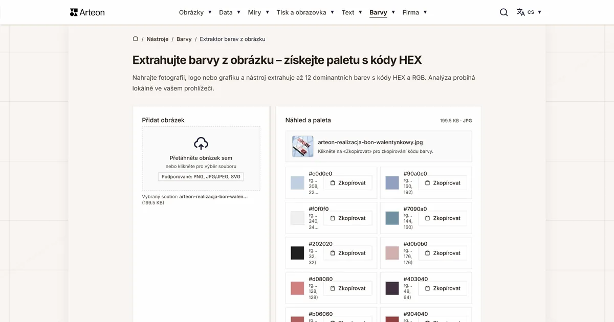 Snímek obrazovky bezplatného nástroje Arteon: Extrahujte barvy z obrázku – získejte paletu s kódy HEX