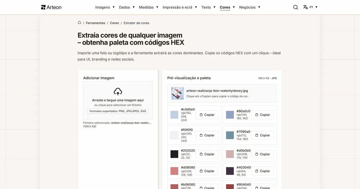 Captura de ecrã da ferramenta gratuita da Arteon: Extraia cores de qualquer imagem – obtenha paleta com códigos HEX